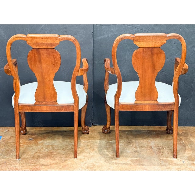 Queen Anne Open Carved Arm Chairs of Burl Walnut (Two Available) For Sale - Image 10 of 11