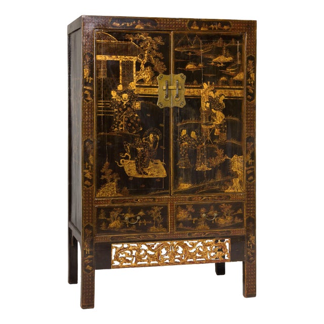 Late Qing Dynasty Black Lacquer Elm Cabinet with Gilt Motifs and Carved Apron For Sale