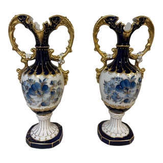 Royal Dux Pair of Porcelain Vases With Double Handles For Sale
