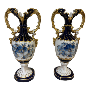 Royal Dux Pair of Porcelain Vases With Double Handles