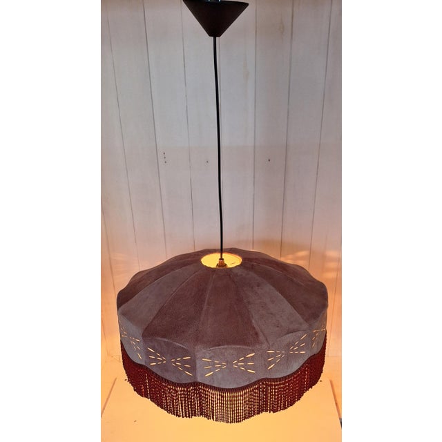 Vintage Pendant Lamp with Hand-Stitched Red Velour Leather Shade, 1970s For Sale - Image 3 of 7