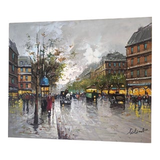 Late 20th Century Large Contemporary Impressionist Paris Street Scene Oil Painting on Canvas, Signed Colombo, 24" X 20" For Sale