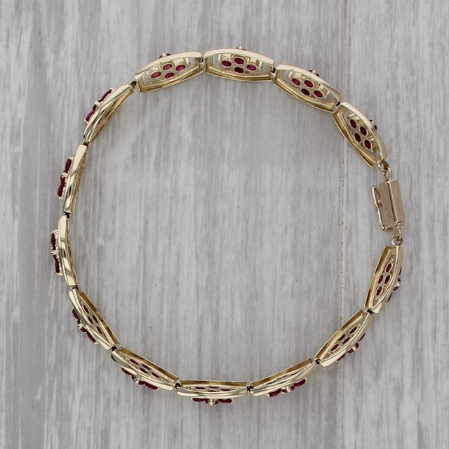 Red 4ctw Ruby Flower Tennis Bracelet 14k Yellow Gold 7.25" 7.5mm For Sale - Image 8 of 9