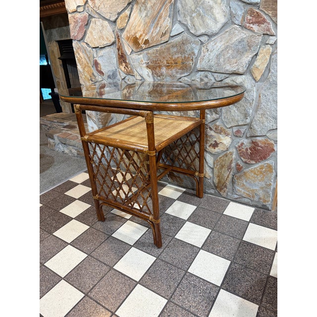 Coastal Vintage Honeymoon Brown Bamboo Set Oval Glass Top For Sale - Image 3 of 8