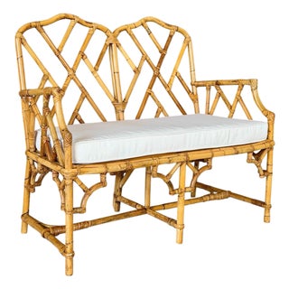 Vintage Rattan Chippendale Fretwork Settee Bench With New Sunbrella Cushion For Sale