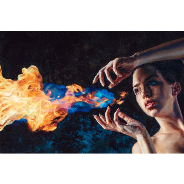 2010s Fire Starter by Dave Seeley | Oil on Canvas on Board Woman creating flames with her hands. For Sale - Image 5 of 5