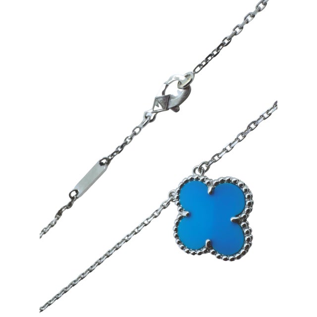 2010s Van Cleef & Arpels Vintage Alhambra Blue Turquoise 18k White Gold Pendant Necklace For Sale - Image 5 of 10