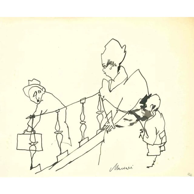 The Departure is a China ink Drawing realized by Mino Maccari (1924-1989) in the 1960s. Hand-signed on the lower. Good...