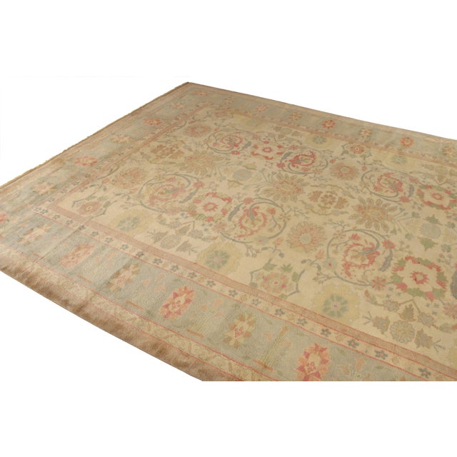 Rug & Kilim Hand Knotted Oushak Style Rug in Beige and Blue Floral Pattern For Sale - Image 4 of 5