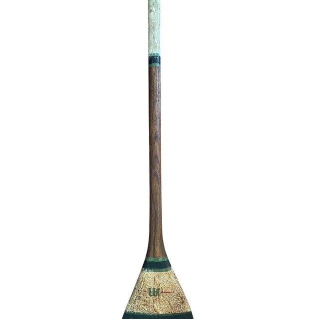 American Antique Early 20th Century Hand Painted Monogrammed Wooden Canoe Paddle / Boat Oar With Olive Green, White & Black Striping, Circa 1920 For Sale - Image 3 of 11
