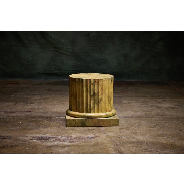 Marbled pedestal end table with fluted cylindrical shape and hand-painted marbling. - Constructed with a marbled finish...
