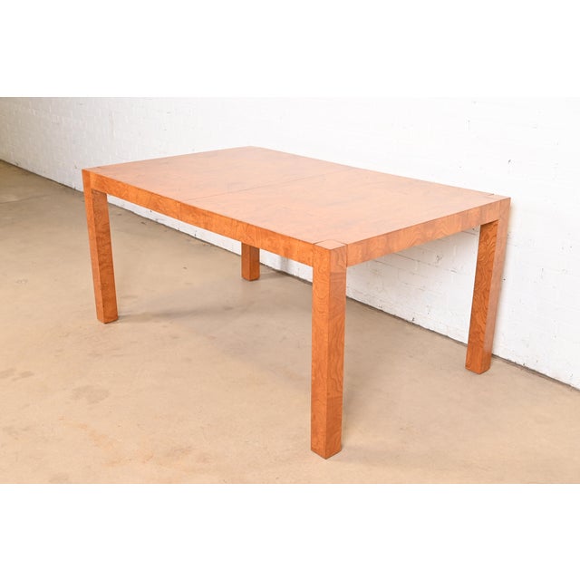 Brown Milo Baughman Style Burl Wood Parsons Extension Dining Table by Lane, Newly Refinished For Sale - Image 8 of 12