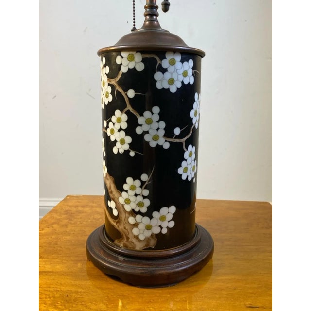 Wood 1920s Antique Chinese Cherry Blossom Pattern Ceramic Lamp For Sale - Image 7 of 9
