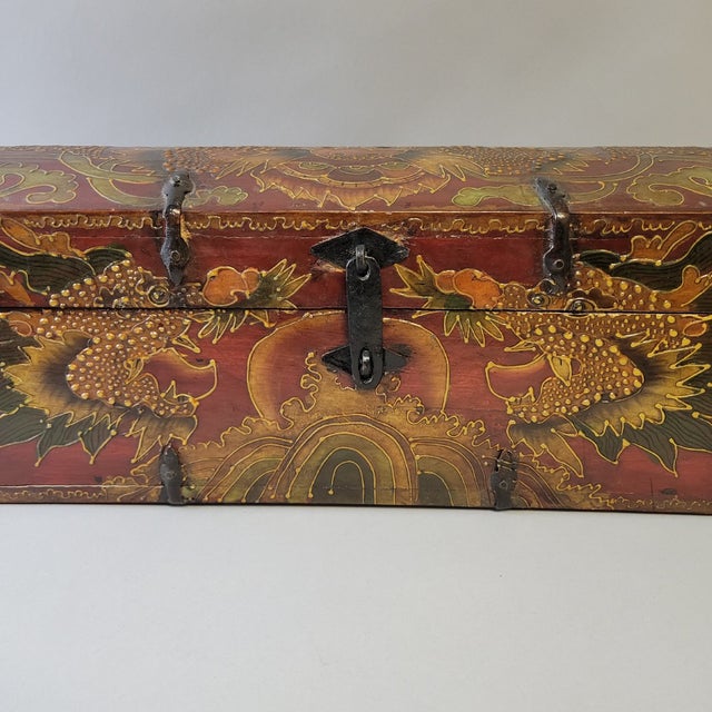Wood Tibetan Manuscript Box— Hand-Painted, With Red Lacquer & Iron Straps— Mid-20th Century For Sale - Image 7 of 8