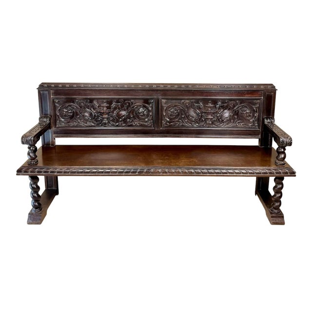 20th Century Spanish Carved Wood Bench with Barley Twist Legs, 1920 For Sale - Image 17 of 17