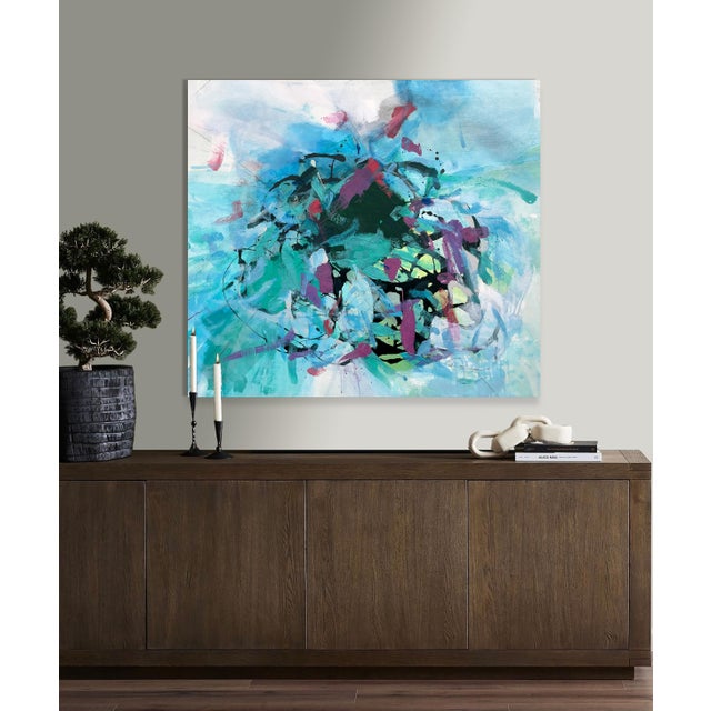 2020s "Beach Days" Large Coastal Modern Statement Painting in Aqua and Teal With Magenta Accents For Sale - Image 5 of 13