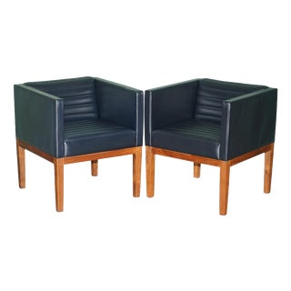 Dice Armchairs in Walnut and Black Leather by David Linley for Viscount, Set of 2 For Sale