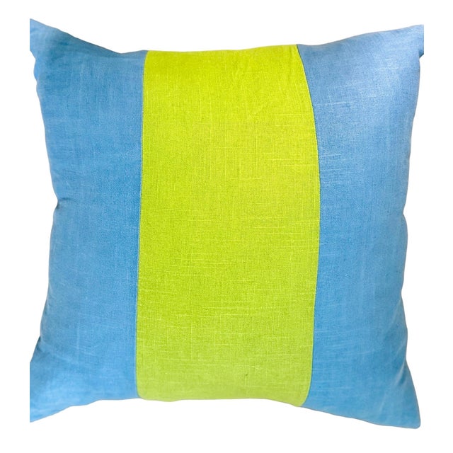 Square Feathers Pillow, Linen, with Bold Lime Green Stripe on Blue Background. Includes down blend pillow insert. 22x22