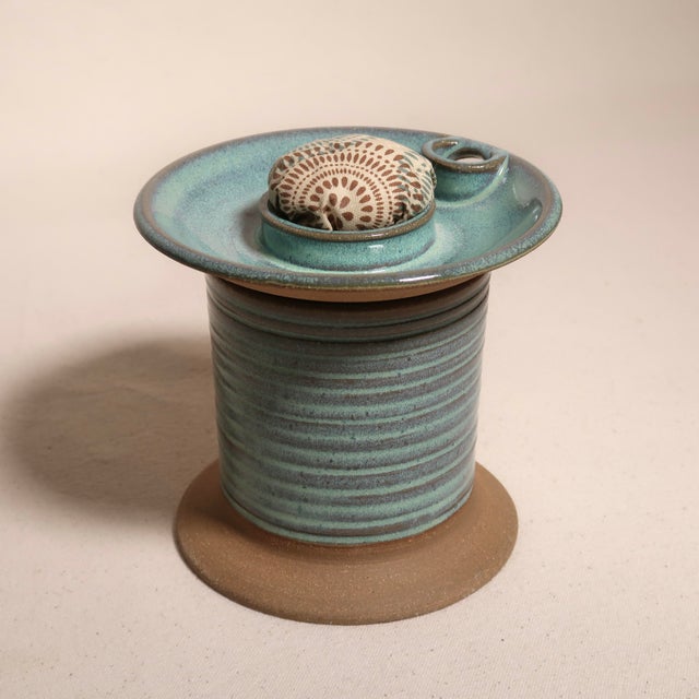 Mint Mid Century Modern Handmade Studio Pottery Turquoise Glaze Pin Cushion Ceramic Sewing Vessel For Sale - Image 8 of 13