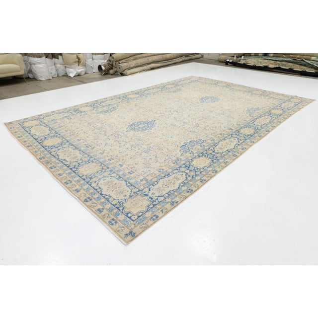Antique Persian Kerman Wool Area Rug - Pale Blue and Ivory Medallion 10x15 For Sale - Image 4 of 11