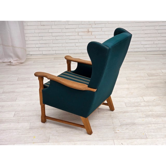 Wood Danish Highback Armchair in Turkis-Green Wool and Oak Wood, 1970s For Sale - Image 7 of 18