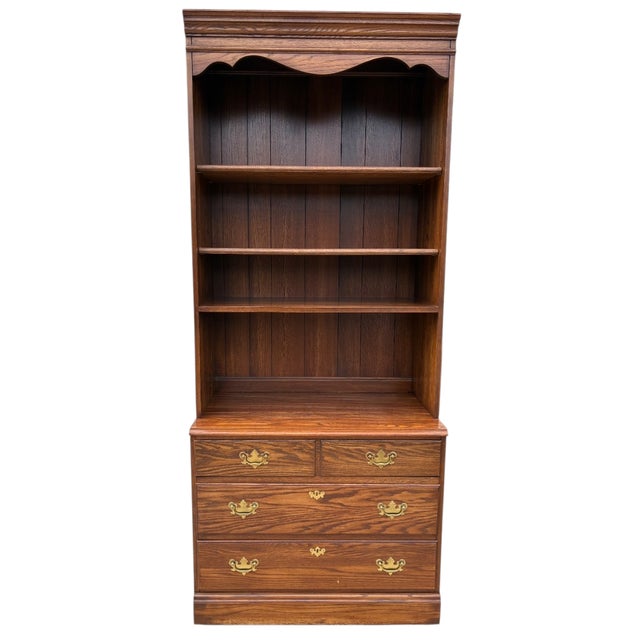 1980s Pennsylvania House Oak Chippendale Cabinet Display Hutch Shelf Chippendale Bookshelf For Sale - Image 10 of 15