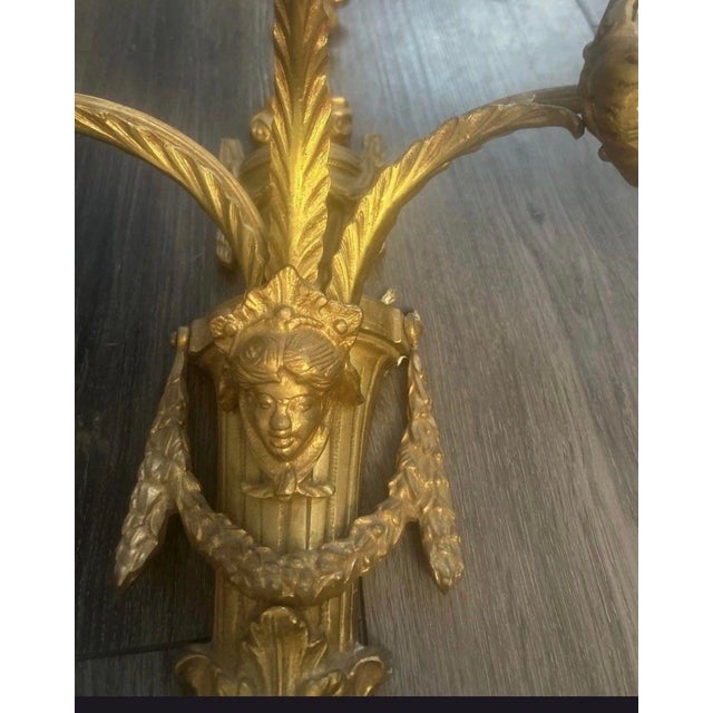 Vintage Neoclassical Gilt Brass Figural Three-Light Wall Sconces - a Pair For Sale - Image 4 of 12