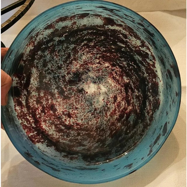 Magnificent Deco Art Deco cut in glass paste nuanced with blue and red mounted on wrought iron base hammered with...