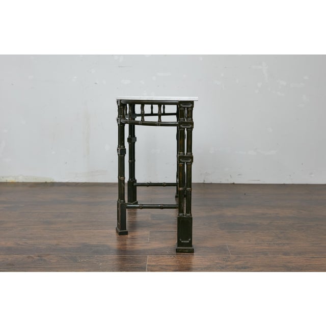 English Midcentury Demilune Table with Ebonized Bamboo Base, White Marble Top For Sale - Image 9 of 12