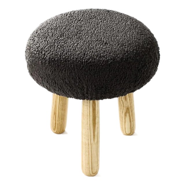 Custom Awassi Tripod Ottoman Footstool — Turned Ash Legs — Charcoal Gray Bouclé For Sale