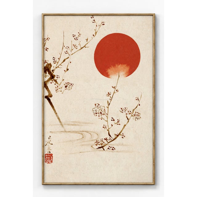 Shibata Zeshin Sun and Plum Branches Japanese art print featuring a red sun, delicate blossoms and vintage botanical...