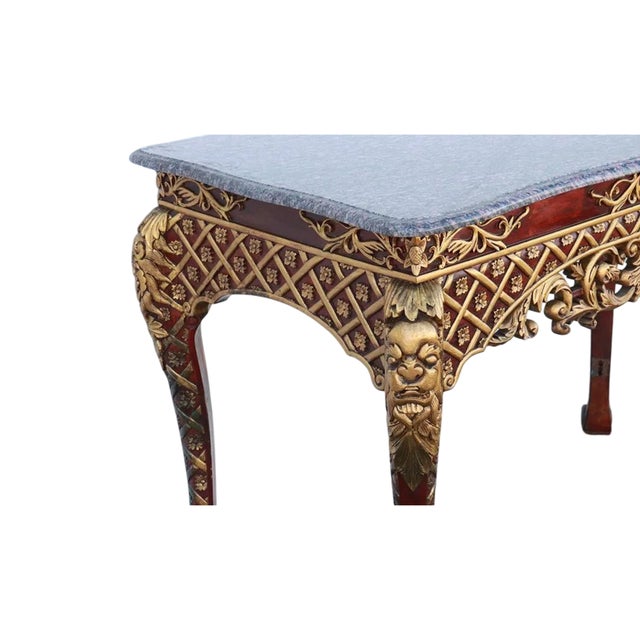Hollywood Regency Late 20th Century Italian Painted & Parcel-Gilt Marble Top Console Table With Mythical Mask Carvings, 48.5" For Sale - Image 3 of 6