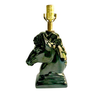 20th Century Hollywood Regency Dark Green Ceramic Horse Head Lamp For Sale