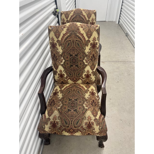 2 Vintage Queen Anne Accent Chairs, Paisley Tapestry Armchairs, Cabriole Legs For Sale - Image 11 of 11
