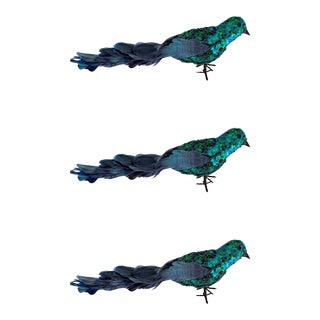Oversized Vintage Jewel Toned Sequin and Feather Bird Christmas Ornaments/Decor - Set of 3 For Sale