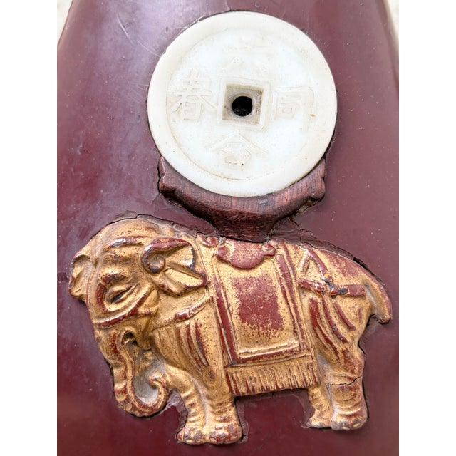 Chinese Antique Chinese Wine Red Lacquer Wood Vase With Bone and Jade Accents. For Sale - Image 3 of 12