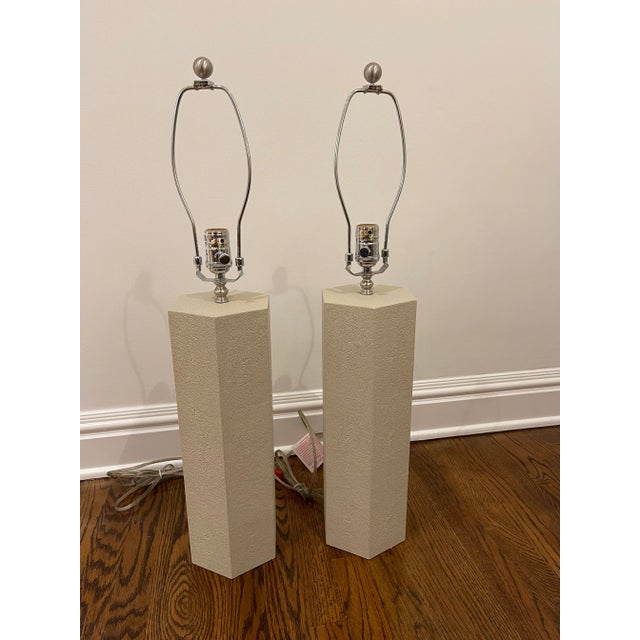 Oyster Grey Hexagonal Faux Shagreen Table Lamps - a Pair For Sale - Image 4 of 6