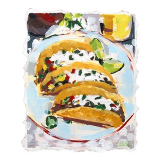 Taco Time - Original Gold Multicolor Food Pop Art Mixed Media Work on Paper by Kellie Newsome For Sale