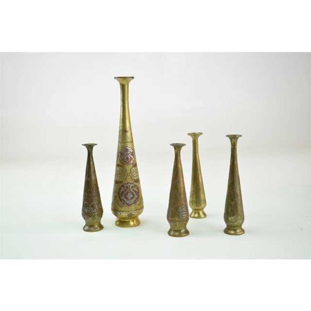 Brass Set of Five Tall Engraved Brass Vases, Middle East, Early 20th Century For Sale - Image 8 of 13