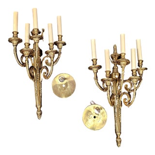 Pair of Mid 20th Century Louis XIV Style Gilt Metal Five Light Electric Wall Sconces For Sale