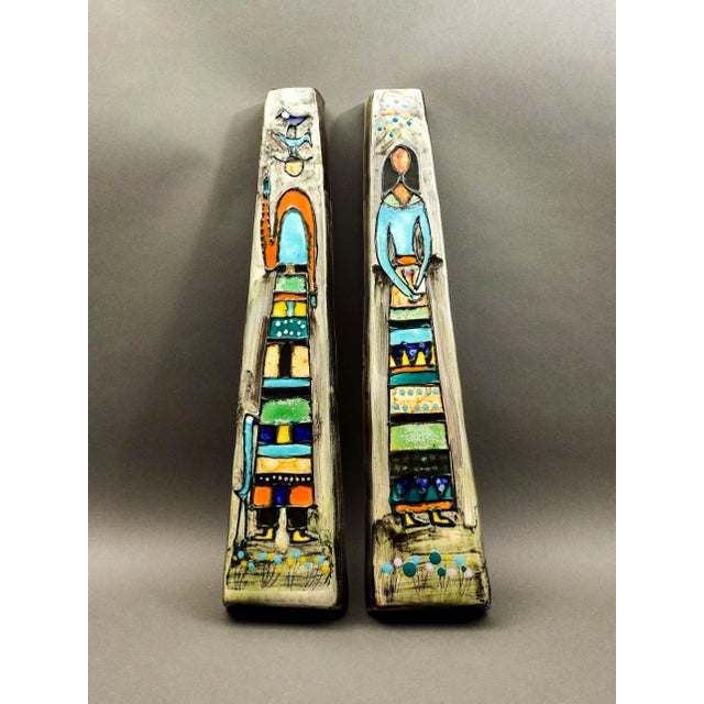 Mid 20th Century Pair of Harris G Strong Signed Mid Century Figural Ceramic Wall Hanging Art Tile For Sale - Image 5 of 7