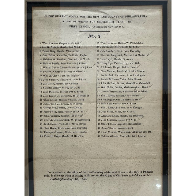 American 1840 Philadelphia District Court Juror List Antique Broadside Framed For Sale - Image 3 of 7