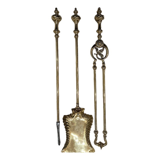 English 19th c Brass Fireplace Tools For Sale