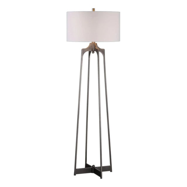 Sleek And Refined, This Lamp Is Constructed Of Forged Steel, Finished In A Plated Aged Gun Metal. The Round Hardback Drum...