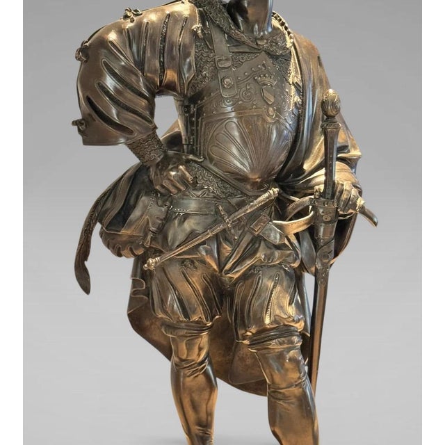 Antique 25” Signed 19th Century French Bronze Sculpture the Landsknecht Cavalier by Albert-Ernest Carrier Belleuse For Sale In Portland, ME - Image 6 of 14