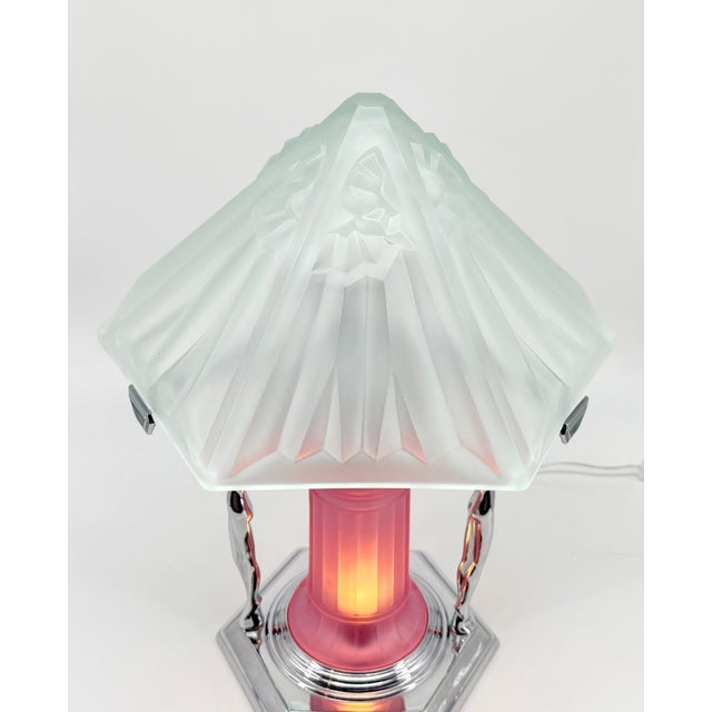 1980s Art Deco Frankart Style Chrome Table Lamp Pink Vianne Frosted Glass Nude Lady For Sale - Image 16 of 18
