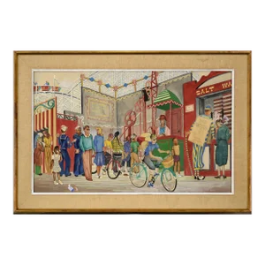 Mid 20th Century "Santa Cruz, California Boardwalk Scene" Figurative Watercolor Painting by Cassard, Framed