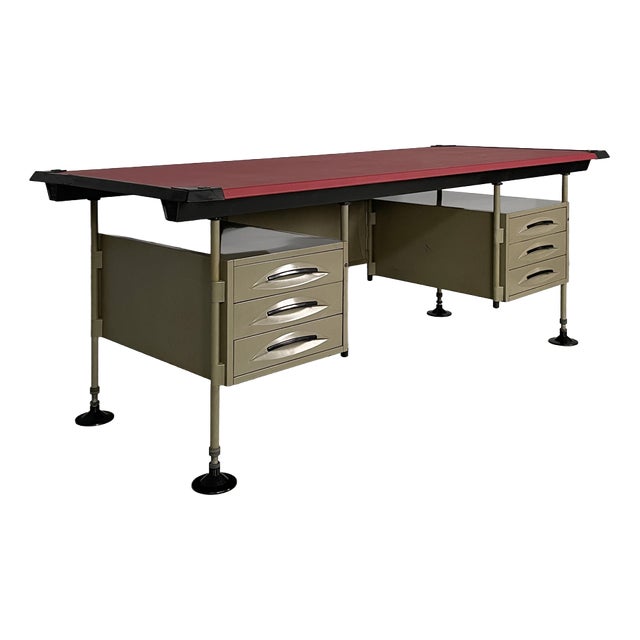 Mid-Century Modern Italian Red Metal, Leather, and Plastic Desk from BBPR Olivetti, 1960s For Sale
