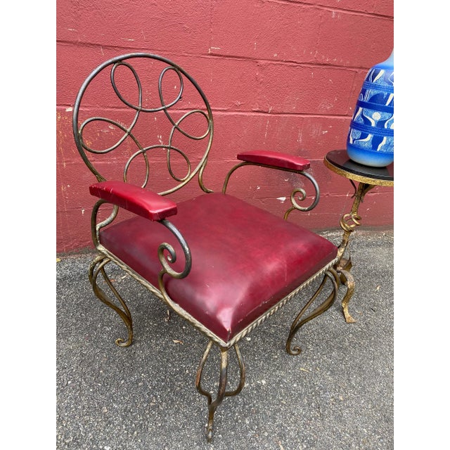 Mid-Century Modern Ornate Wrought Iron Armchair in Oxblood Red Vinyl For Sale - Image 3 of 12