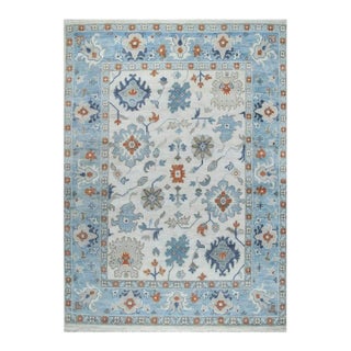 8x10 Ivory Hand-Knotted Wool Sky Blue Border Classic Traditional Carpet Rug For Sale